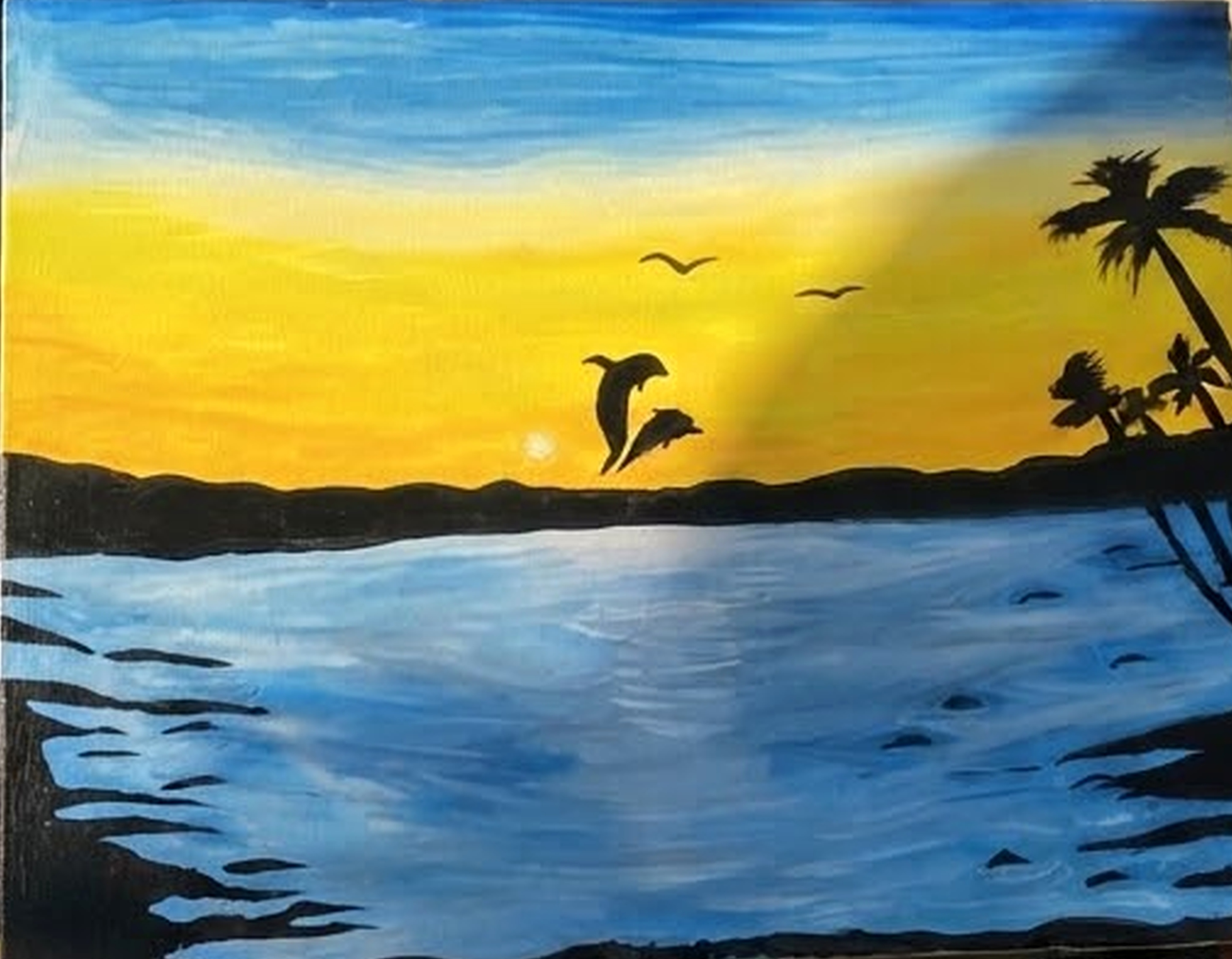 Coastal sunset with palm trees — acrylic painting by Khaoula Ezzahery